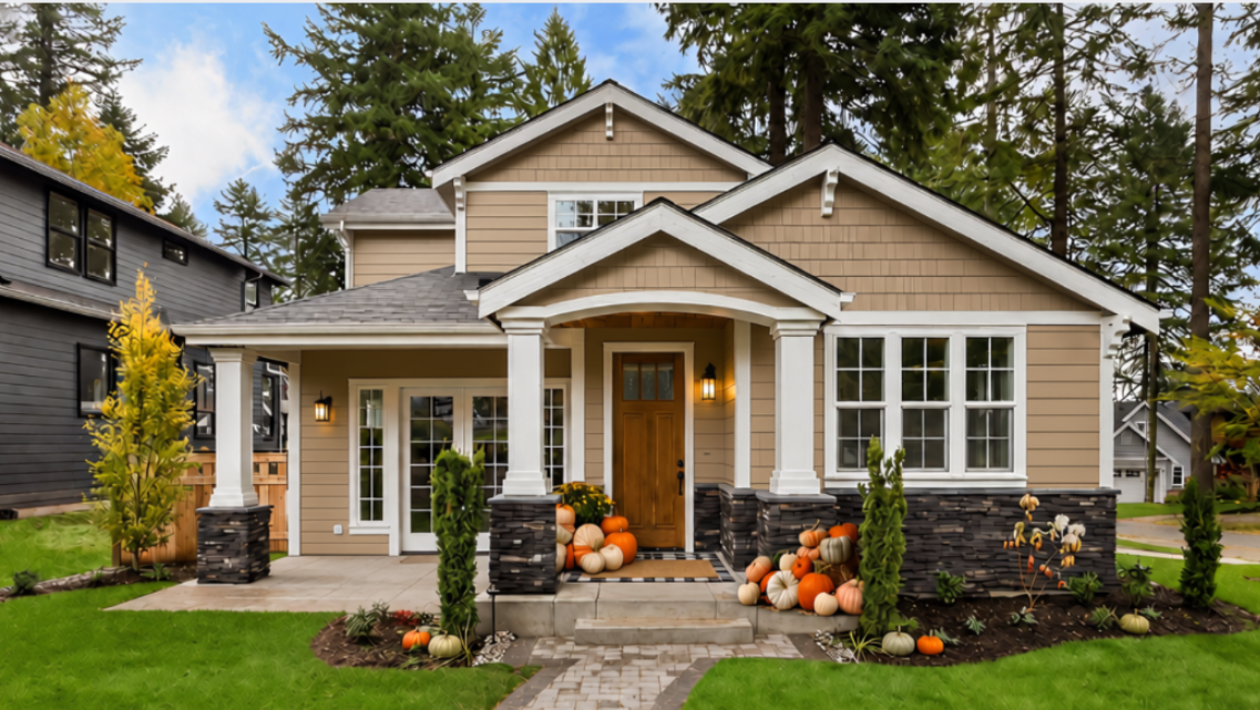 Beige craftsman-style farmhouse with pumpkins arranged by the front door